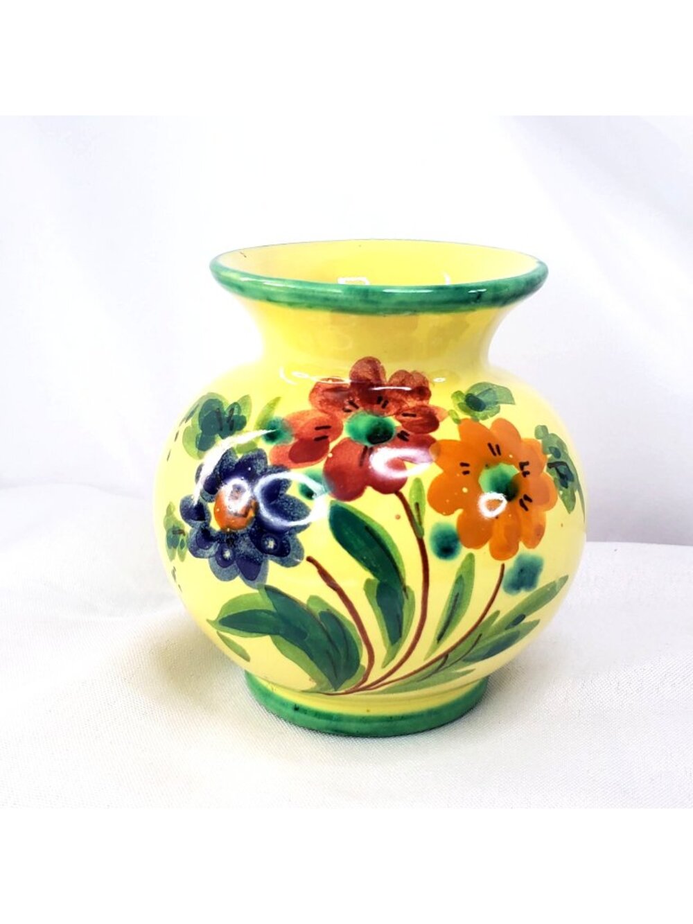 VTG Hand-Painted Italian Ceramic Vase With Floral Design Yellow Green 3.5" Tall